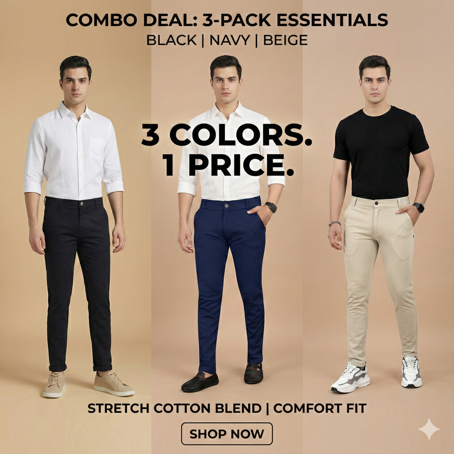 🔶 Kella Men’s Premium High-Stretch Slim Fit Pants Combo– Comfort Meets Style (Pack of 3)