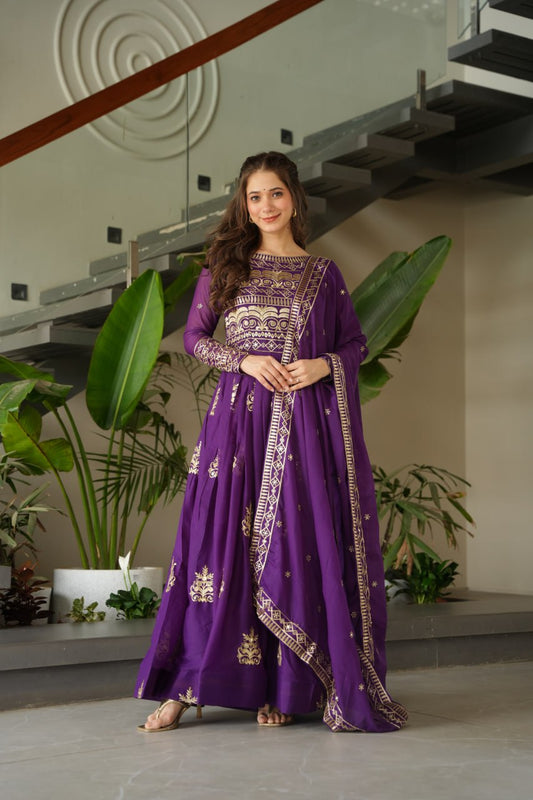 Purple Sequins Embroidered Anarkali Gown with Dupatta | Kella Weave
