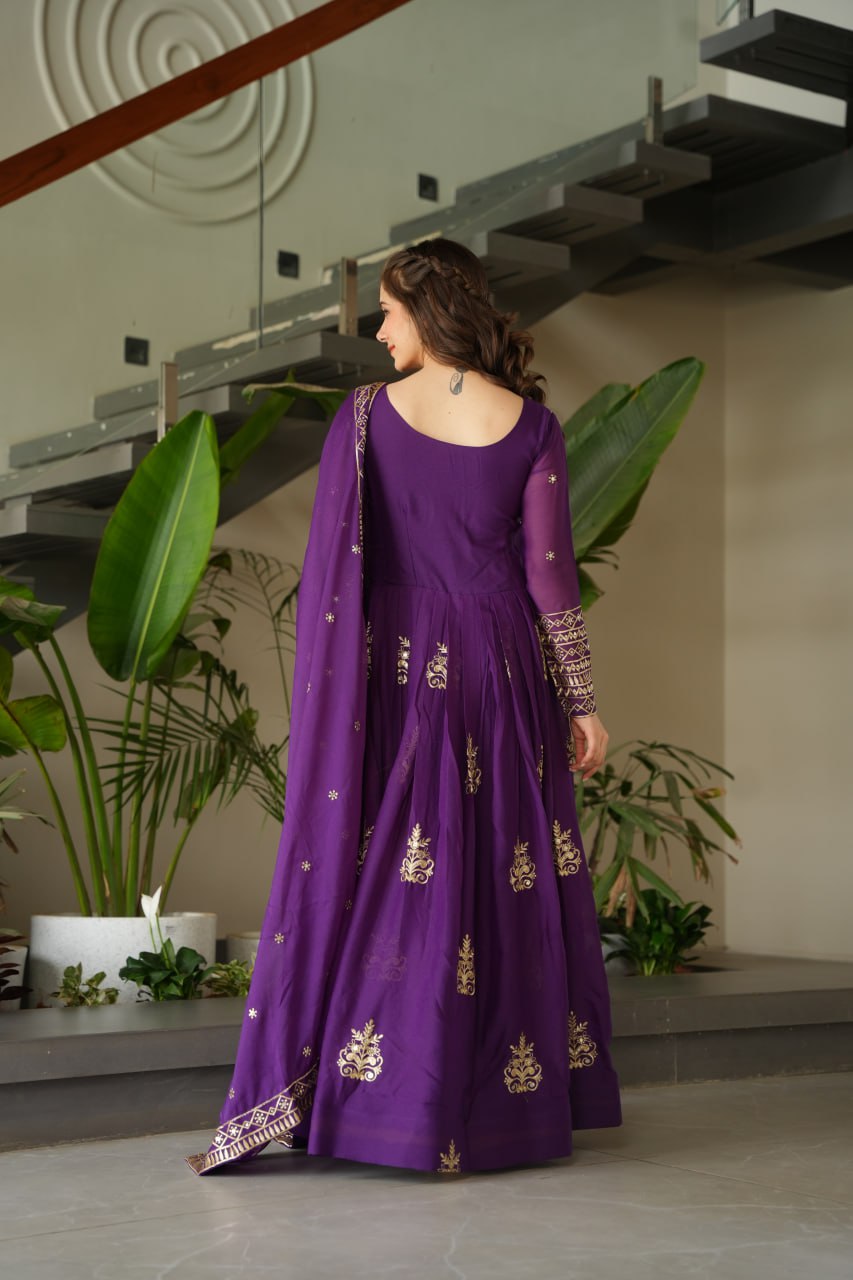 Purple Sequins Embroidered Anarkali Gown with Dupatta | Kella Weave