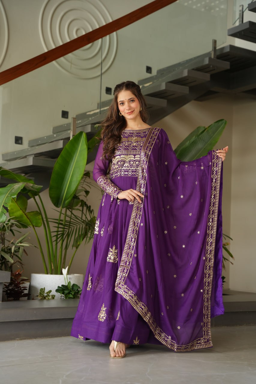 Purple Sequins Embroidered Anarkali Gown with Dupatta | Kella Weave