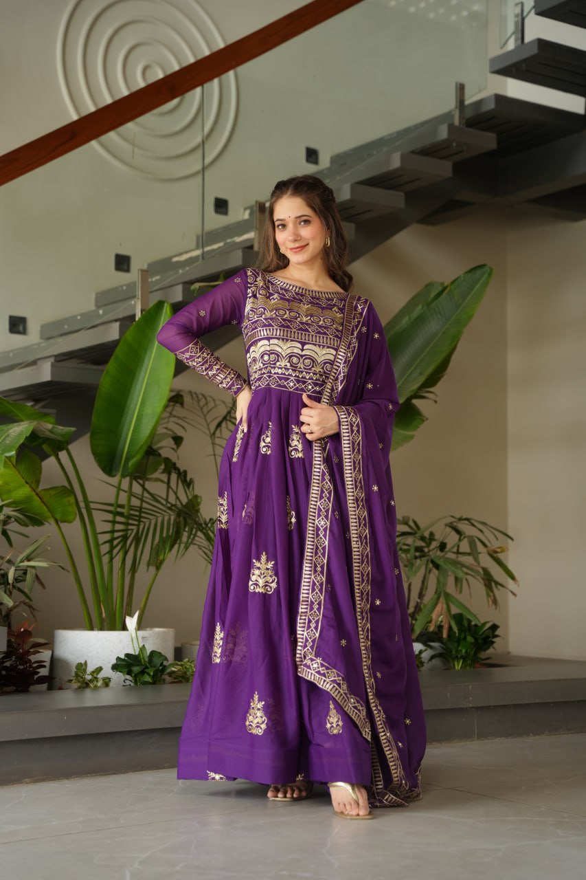 Purple Sequins Embroidered Anarkali Gown with Dupatta | Kella Weave