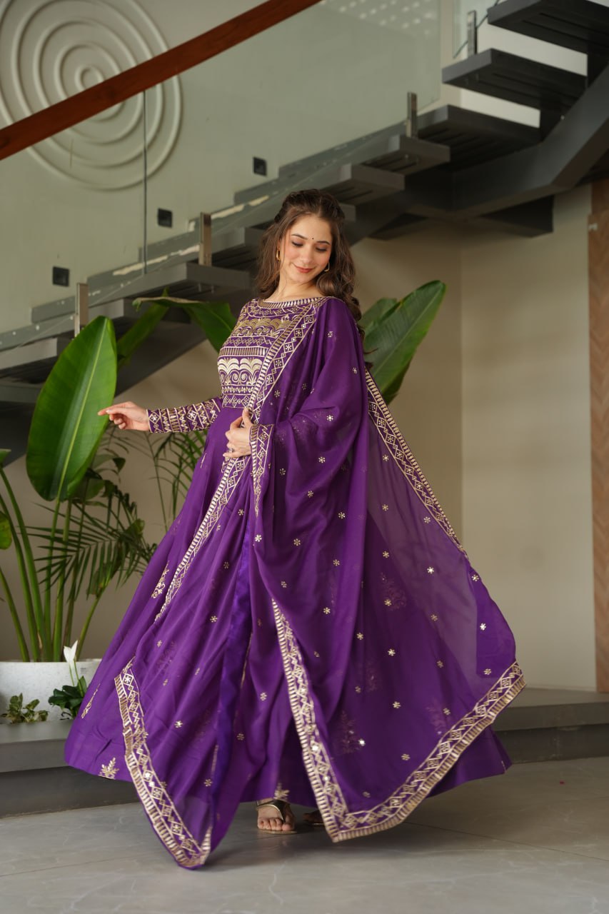Purple Sequins Embroidered Anarkali Gown with Dupatta | Kella Weave