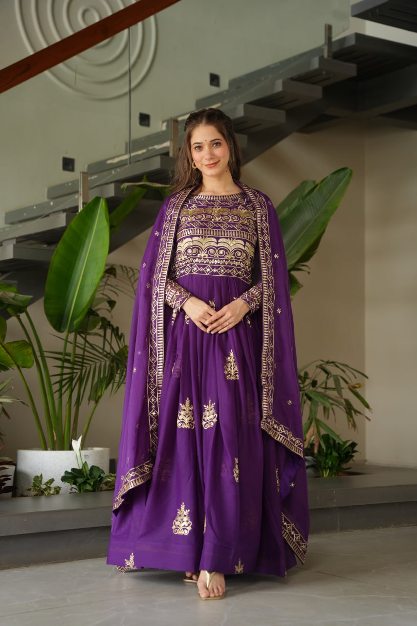 Purple Sequins Embroidered Anarkali Gown with Dupatta | Kella Weave