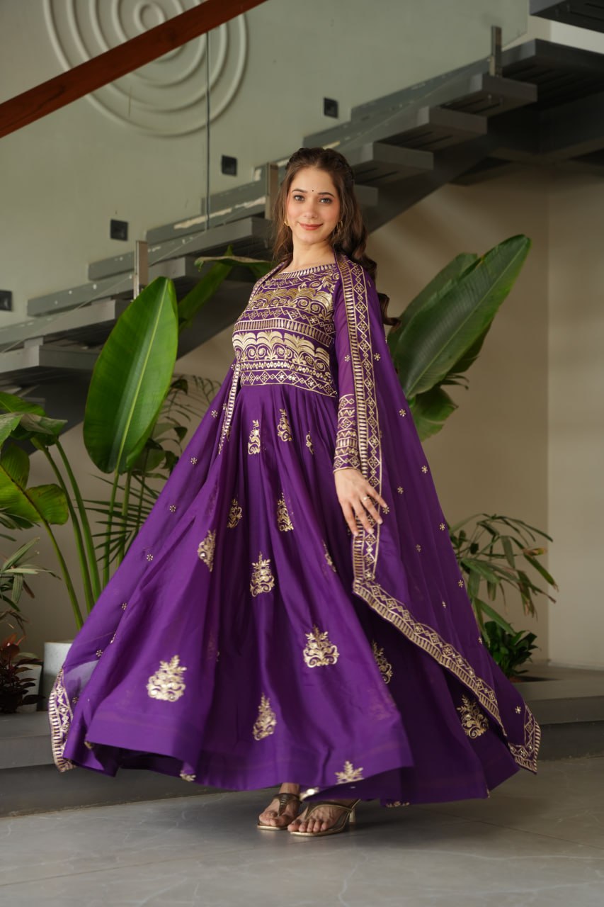 Purple Sequins Embroidered Anarkali Gown with Dupatta | Kella Weave