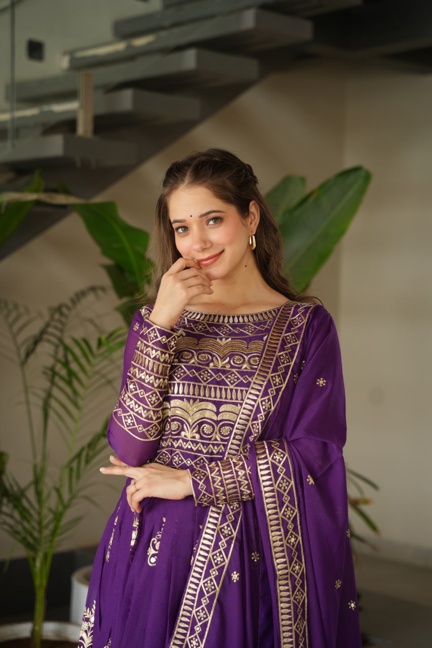Purple Sequins Embroidered Anarkali Gown with Dupatta | Kella Weave