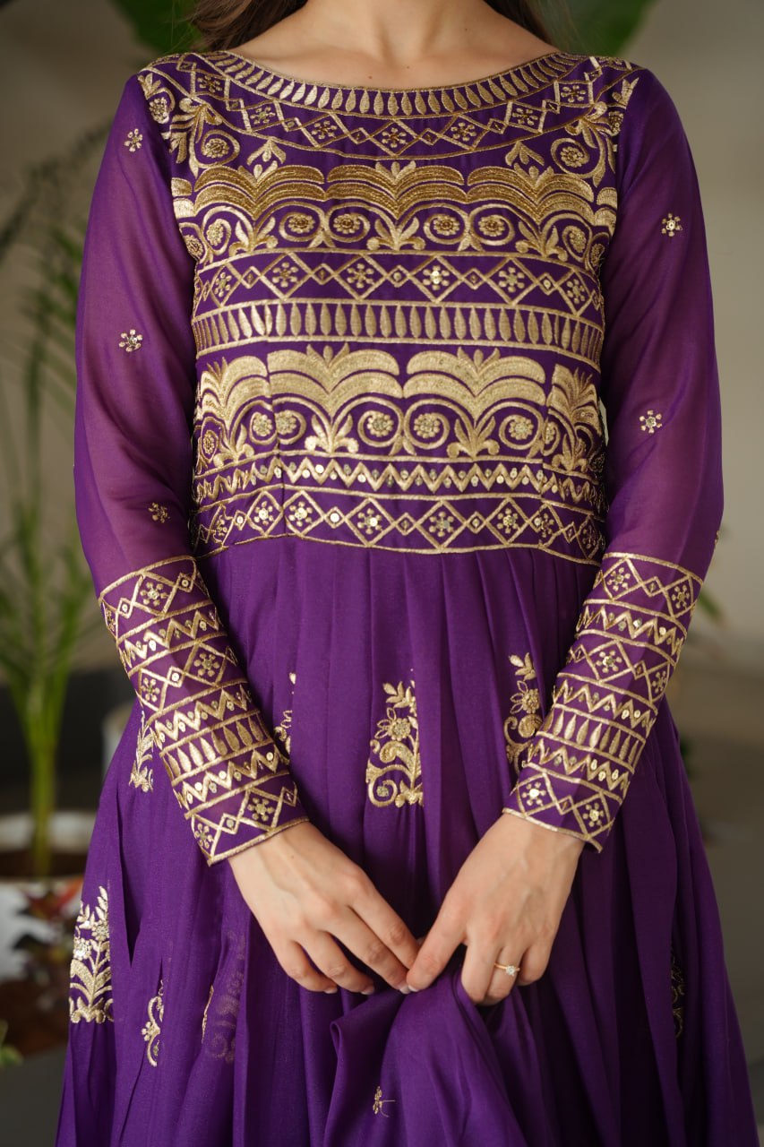 Purple Sequins Embroidered Anarkali Gown with Dupatta | Kella Weave