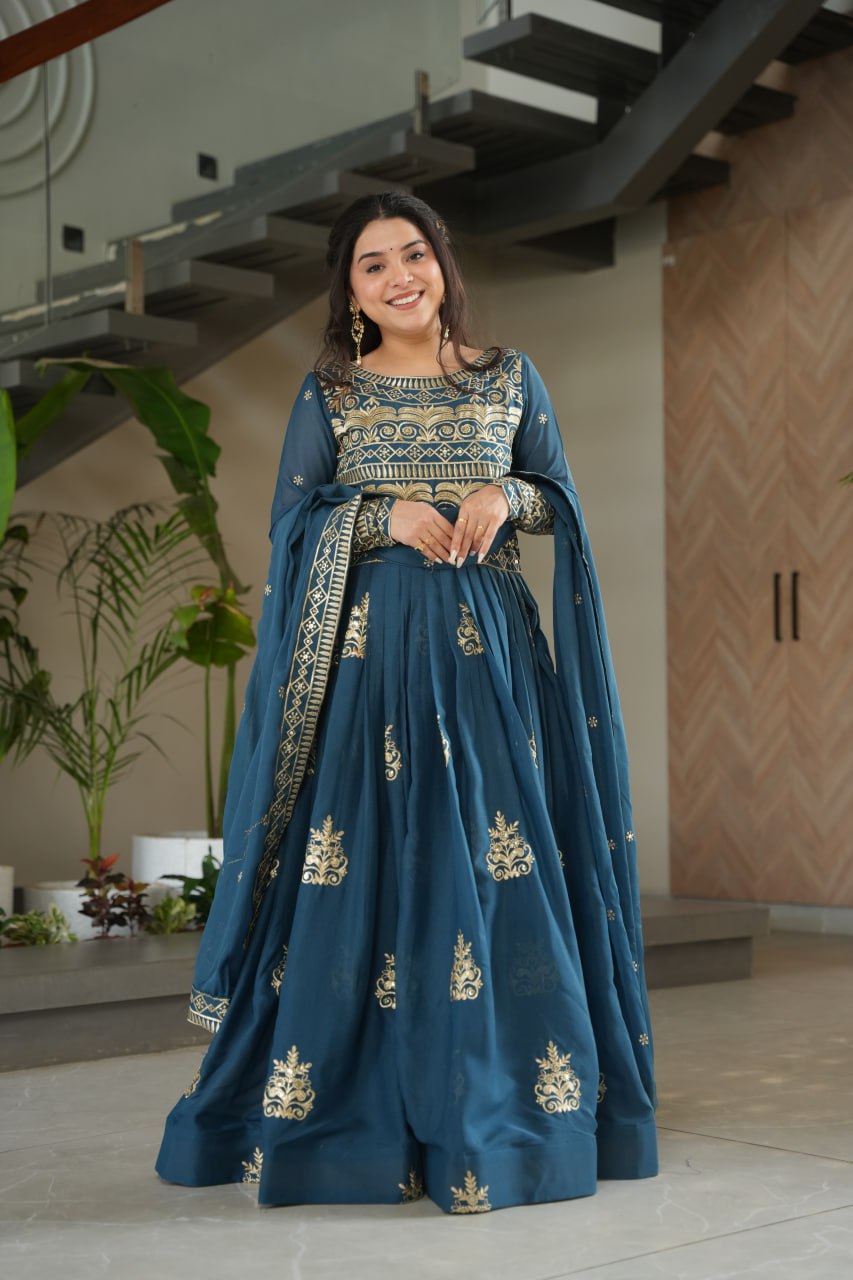 Rama Green Sequins Embroidered Anarkali Gown with Dupatta | Kella Weave