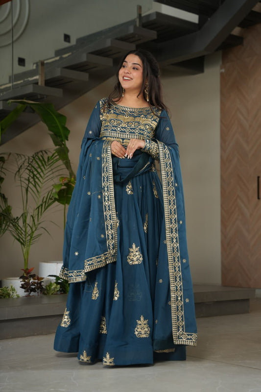 Rama Green Sequins Embroidered Anarkali Gown with Dupatta | Kella Weave
