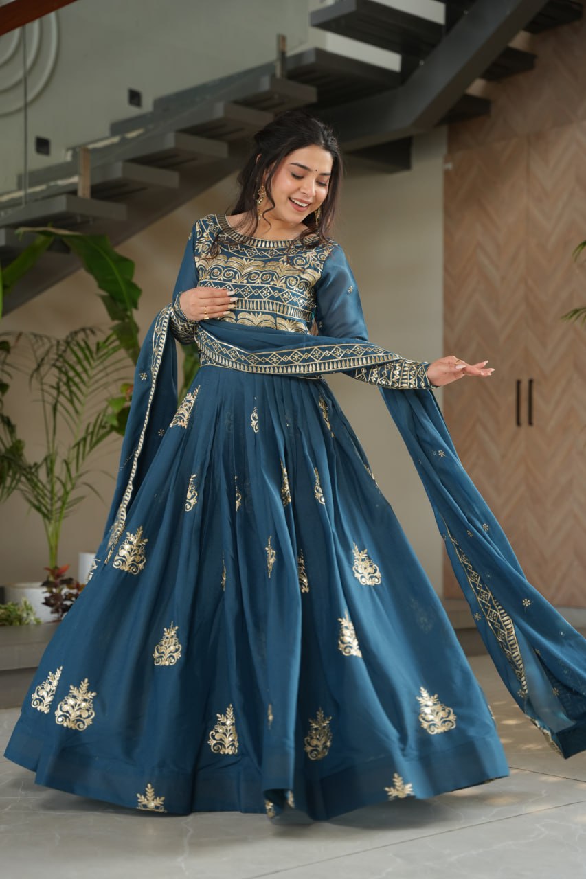 Rama Green Sequins Embroidered Anarkali Gown with Dupatta | Kella Weave