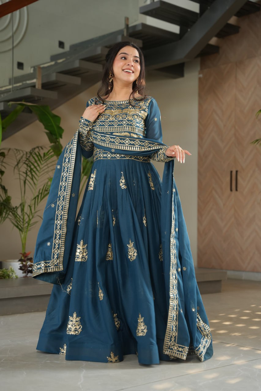 Rama Green Sequins Embroidered Anarkali Gown with Dupatta | Kella Weave