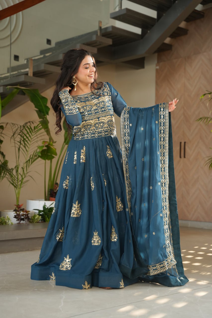 Rama Green Sequins Embroidered Anarkali Gown with Dupatta | Kella Weave