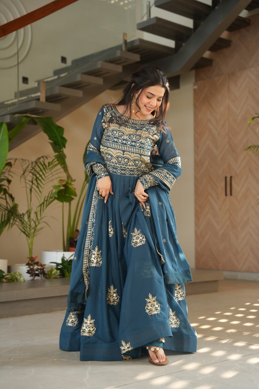 Rama Green Sequins Embroidered Anarkali Gown with Dupatta | Kella Weave