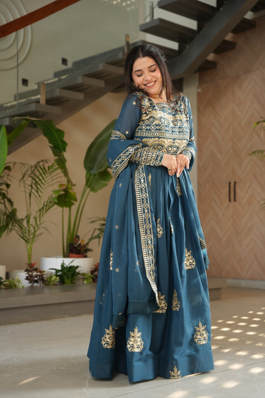 Rama Green Sequins Embroidered Anarkali Gown with Dupatta | Kella Weave