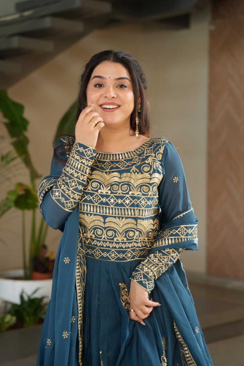 Rama Green Sequins Embroidered Anarkali Gown with Dupatta | Kella Weave