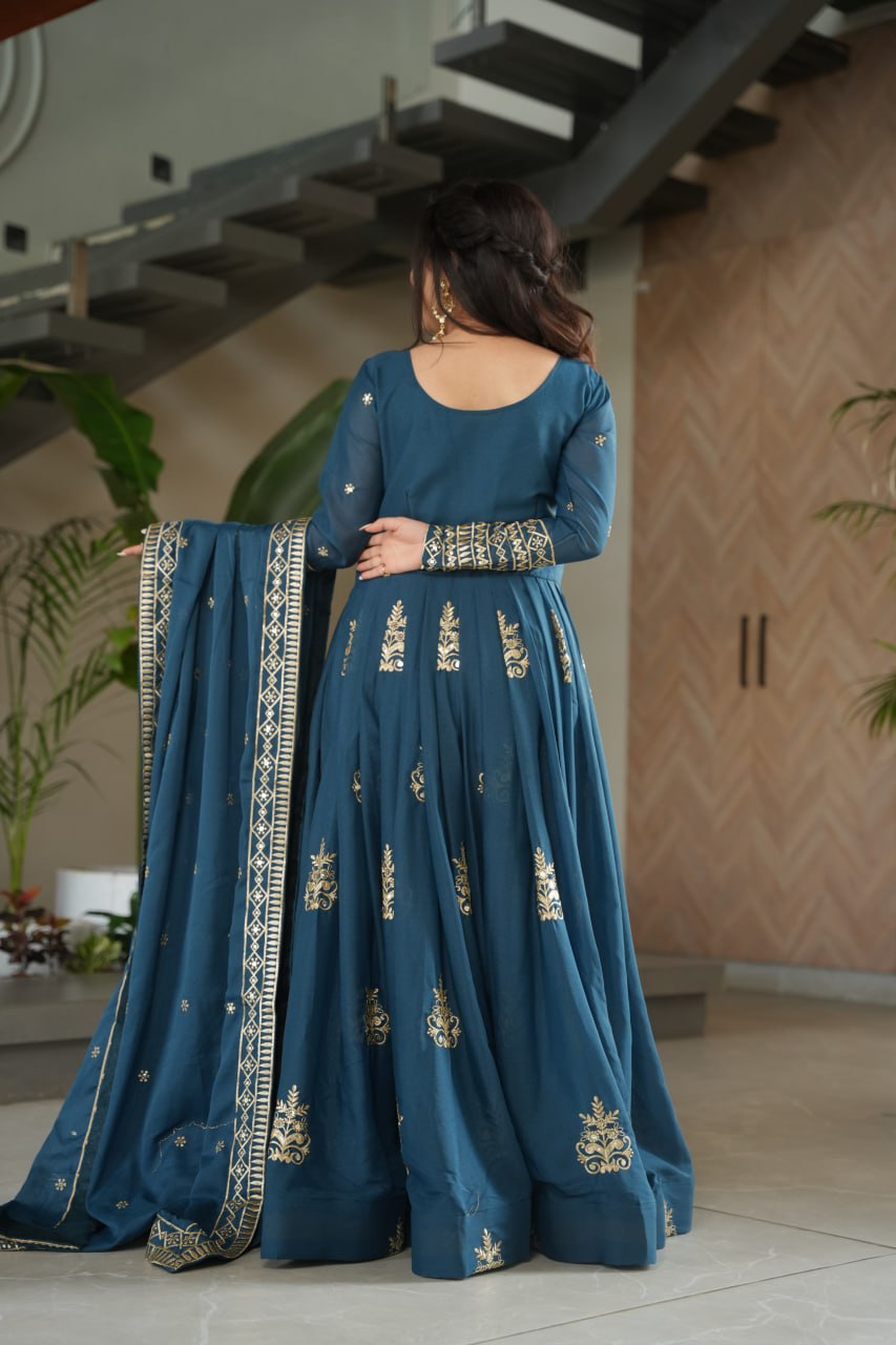 Rama Green Sequins Embroidered Anarkali Gown with Dupatta | Kella Weave