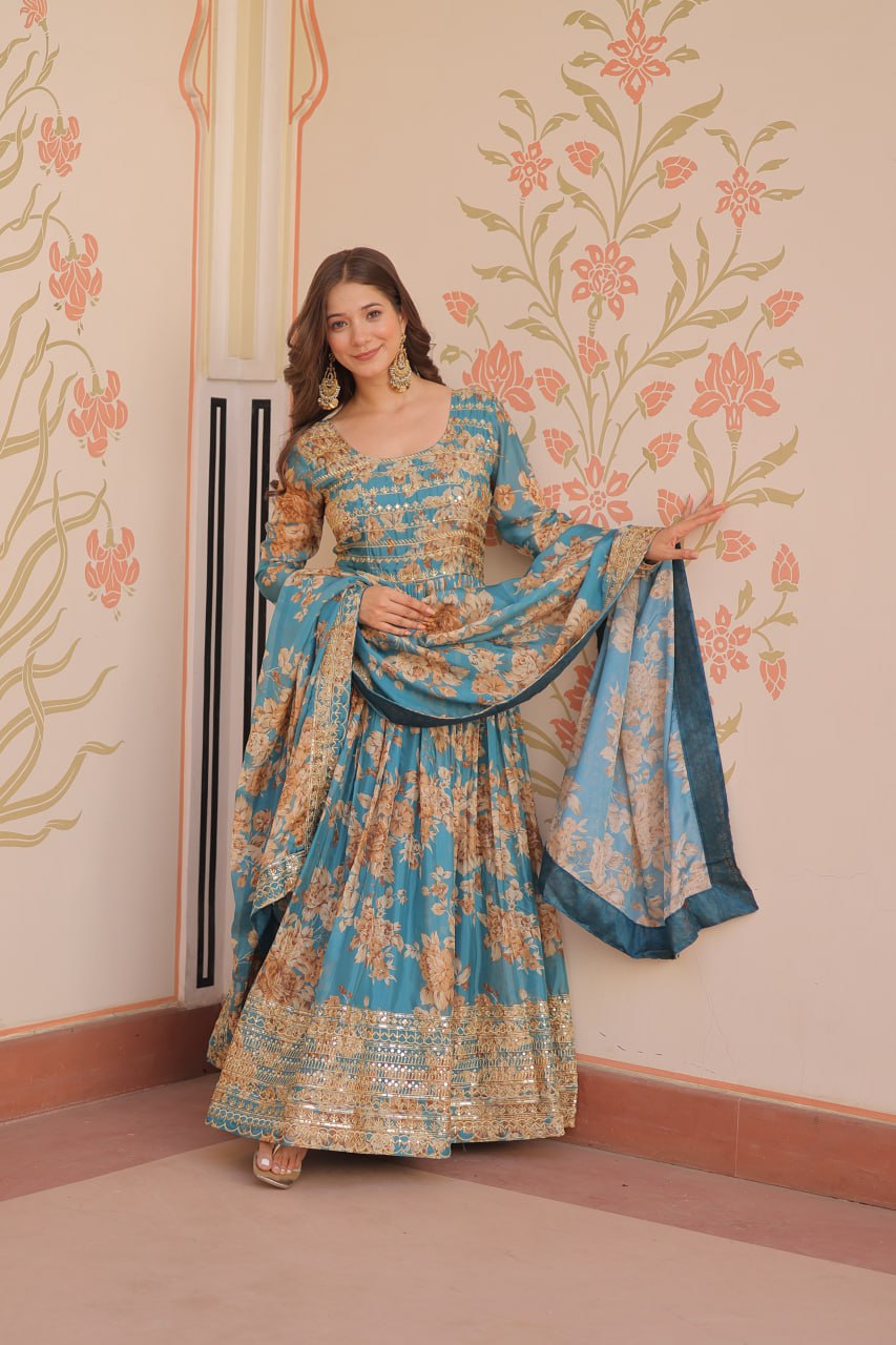 Teal Blue Floral Digital Print Anarkali Gown with Dupatta | Kella Weave