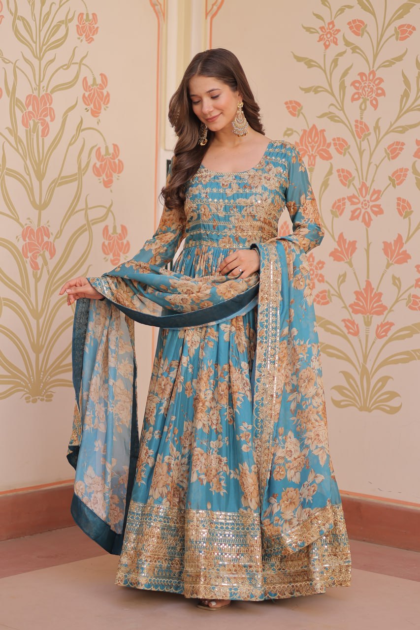 Teal Blue Floral Digital Print Anarkali Gown with Dupatta | Kella Weave