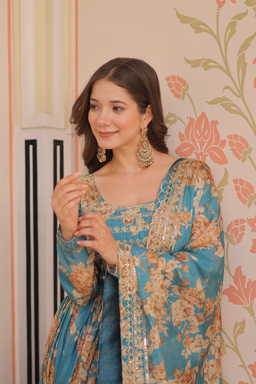 Teal Blue Floral Digital Print Anarkali Gown with Dupatta | Kella Weave