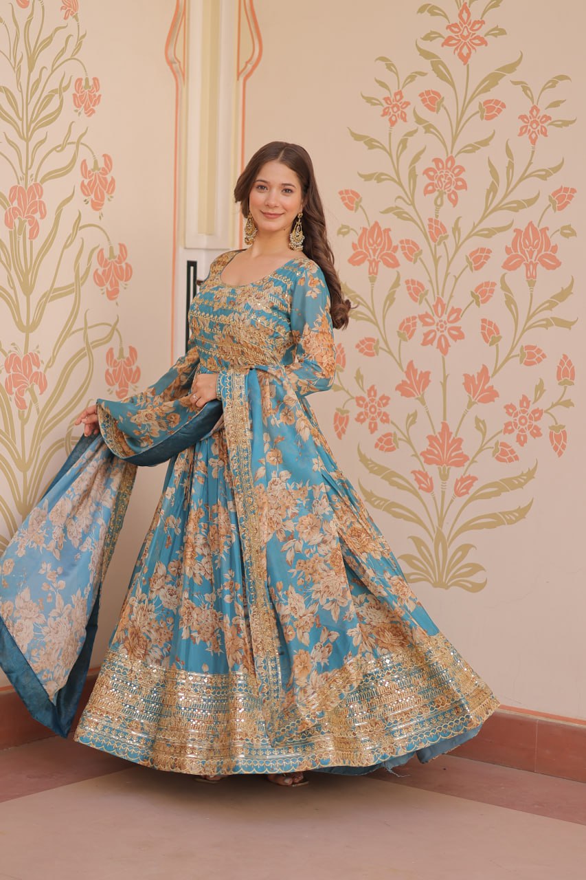 Teal Blue Floral Digital Print Anarkali Gown with Dupatta | Kella Weave