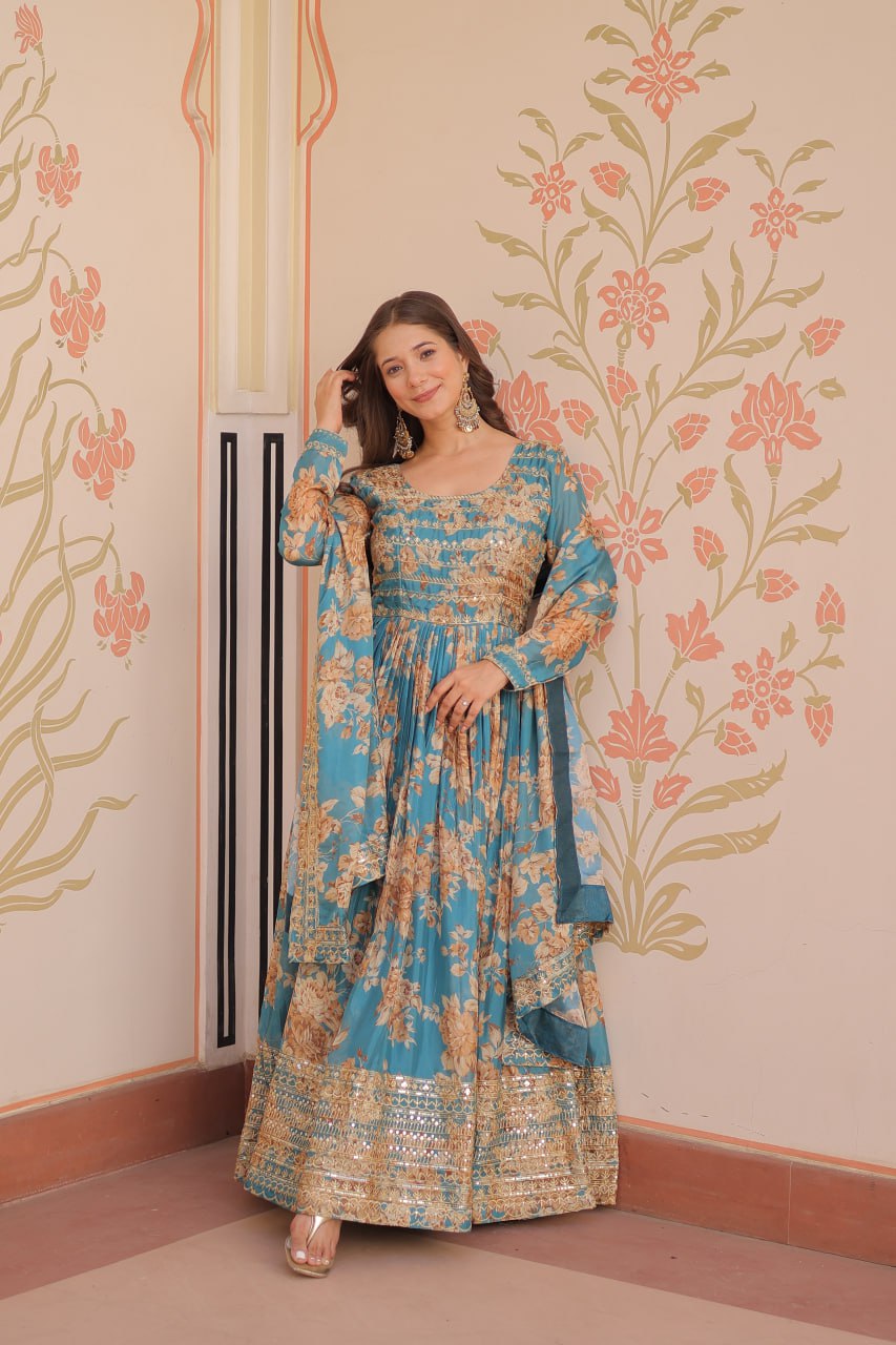 Teal Blue Floral Digital Print Anarkali Gown with Dupatta | Kella Weave