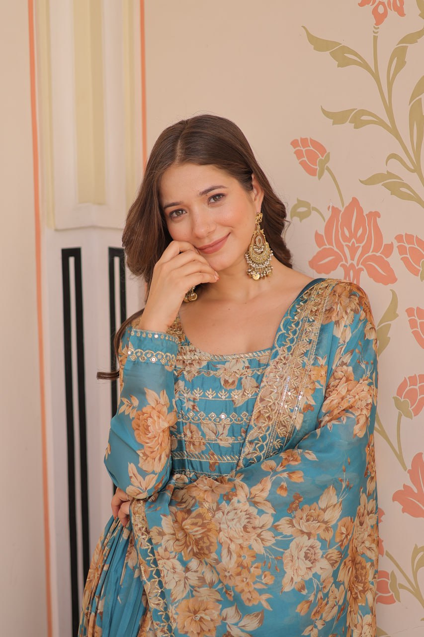 Teal Blue Floral Digital Print Anarkali Gown with Dupatta | Kella Weave