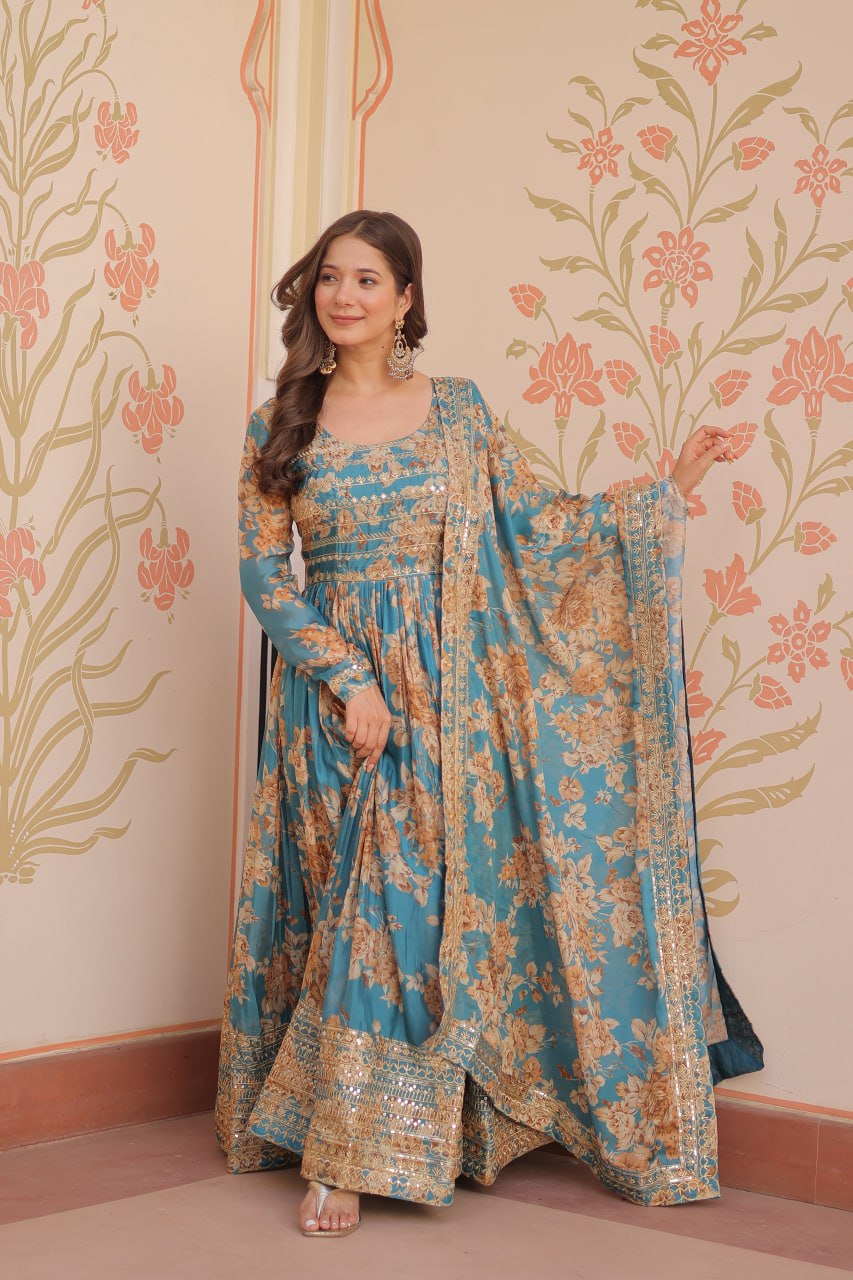 Teal Blue Floral Digital Print Anarkali Gown with Dupatta | Kella Weave