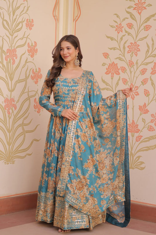 Teal Blue Floral Digital Print Anarkali Gown with Dupatta | Kella Weave