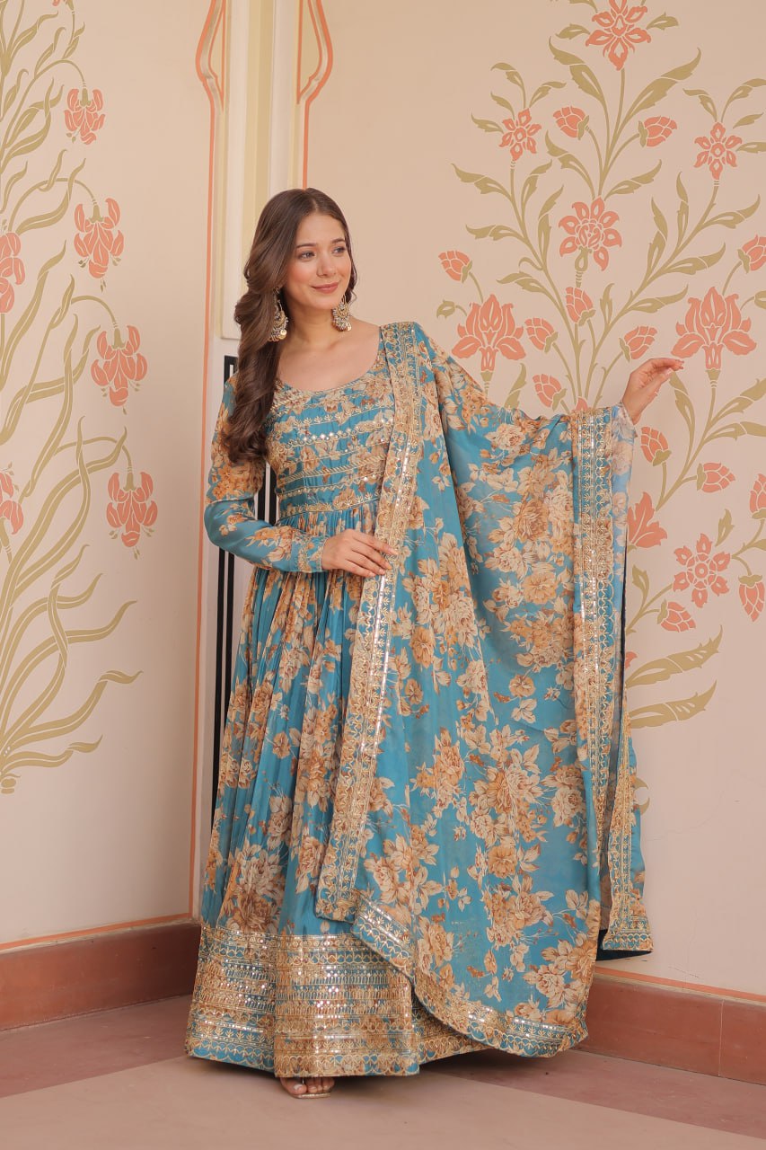 Teal Blue Floral Digital Print Anarkali Gown with Dupatta | Kella Weave