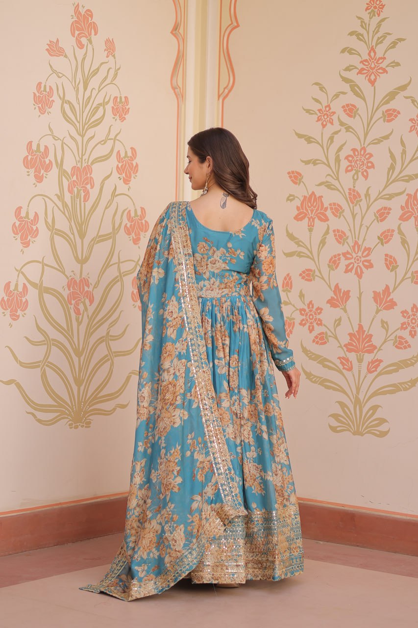 Teal Blue Floral Digital Print Anarkali Gown with Dupatta | Kella Weave