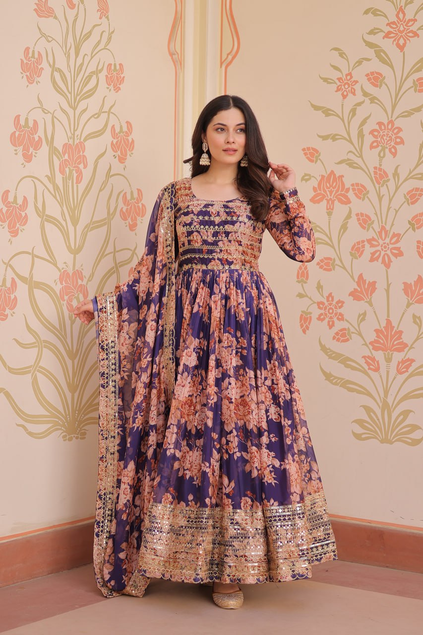 Purple Floral Digital Print Anarkali Gown with Dupatta | Kella Weave