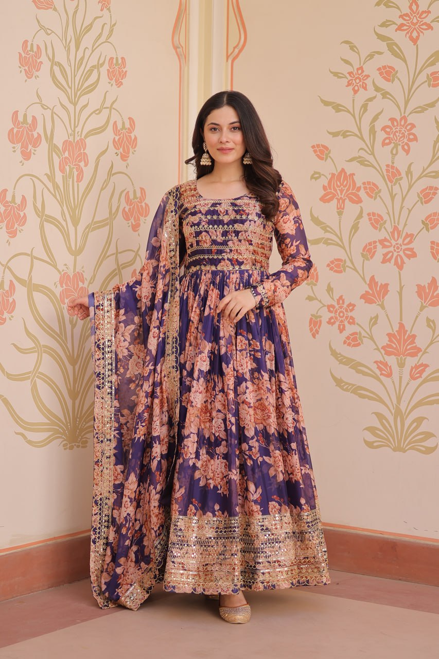 Purple Floral Digital Print Anarkali Gown with Dupatta | Kella Weave
