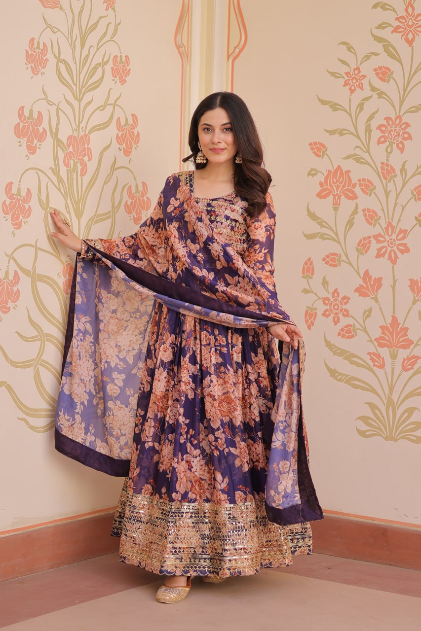 Purple Floral Digital Print Anarkali Gown with Dupatta | Kella Weave