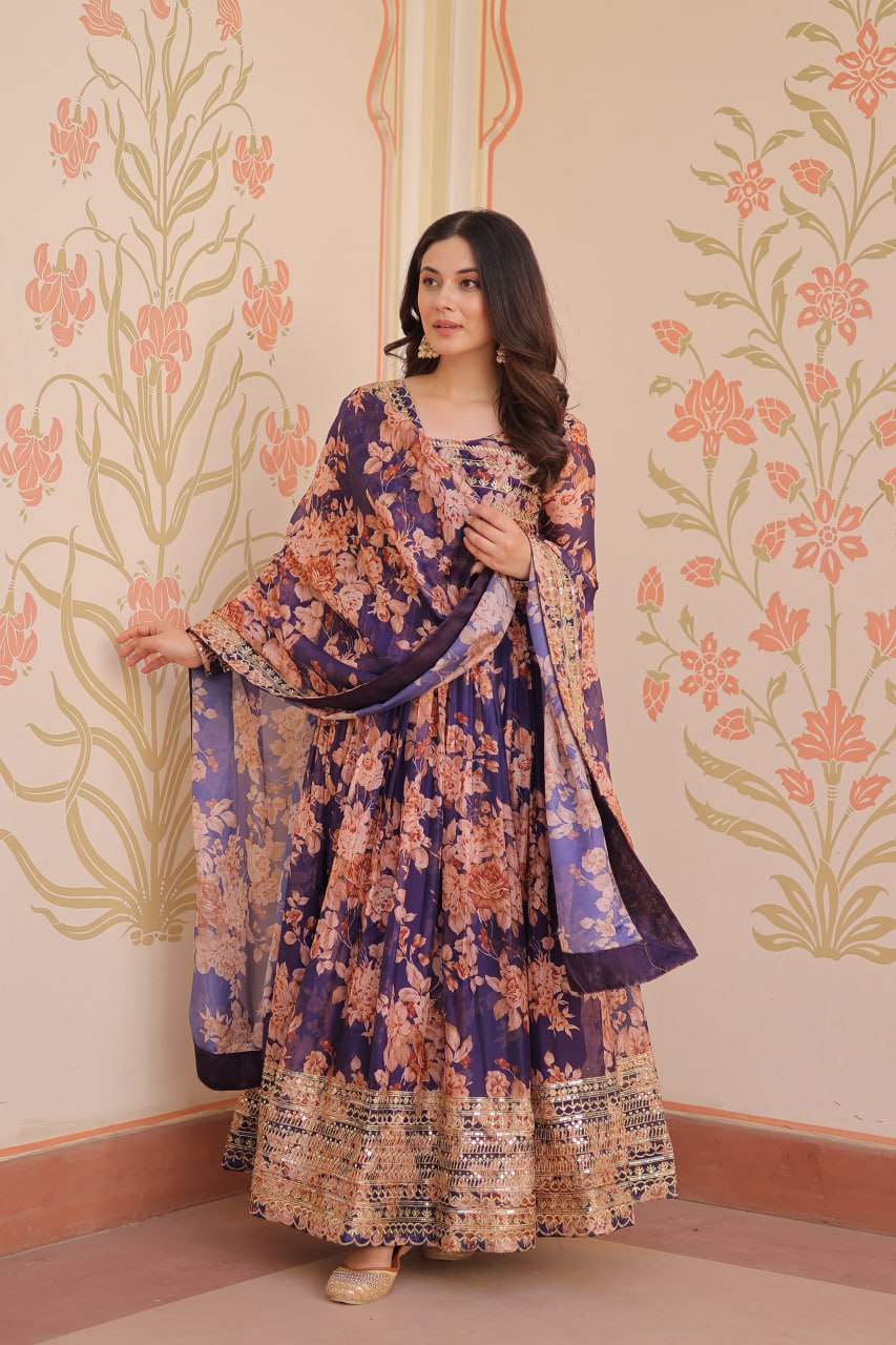 Purple Floral Digital Print Anarkali Gown with Dupatta | Kella Weave