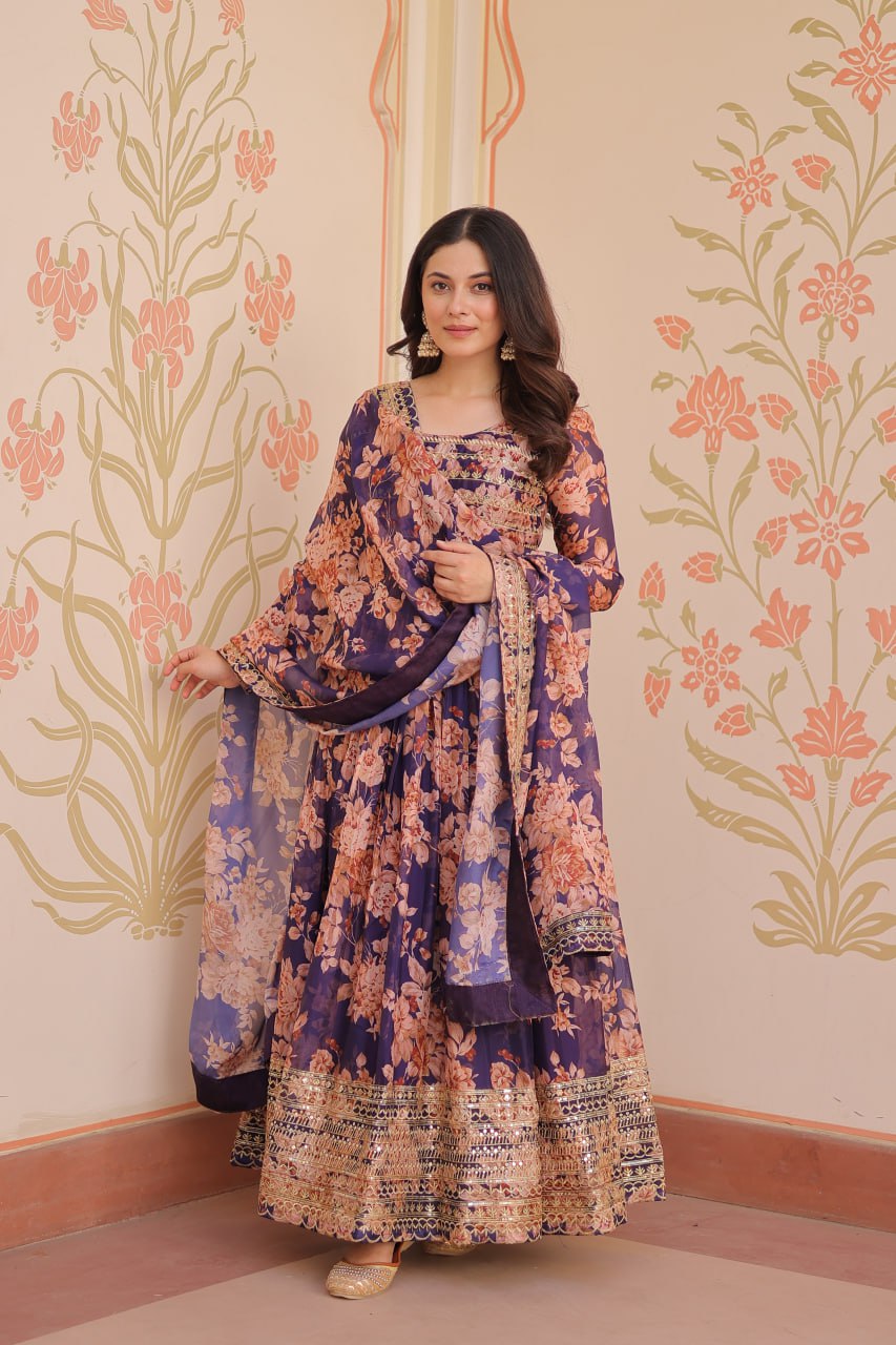 Purple Floral Digital Print Anarkali Gown with Dupatta | Kella Weave