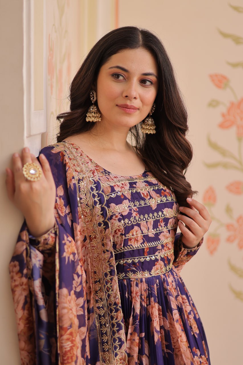 Purple Floral Digital Print Anarkali Gown with Dupatta | Kella Weave
