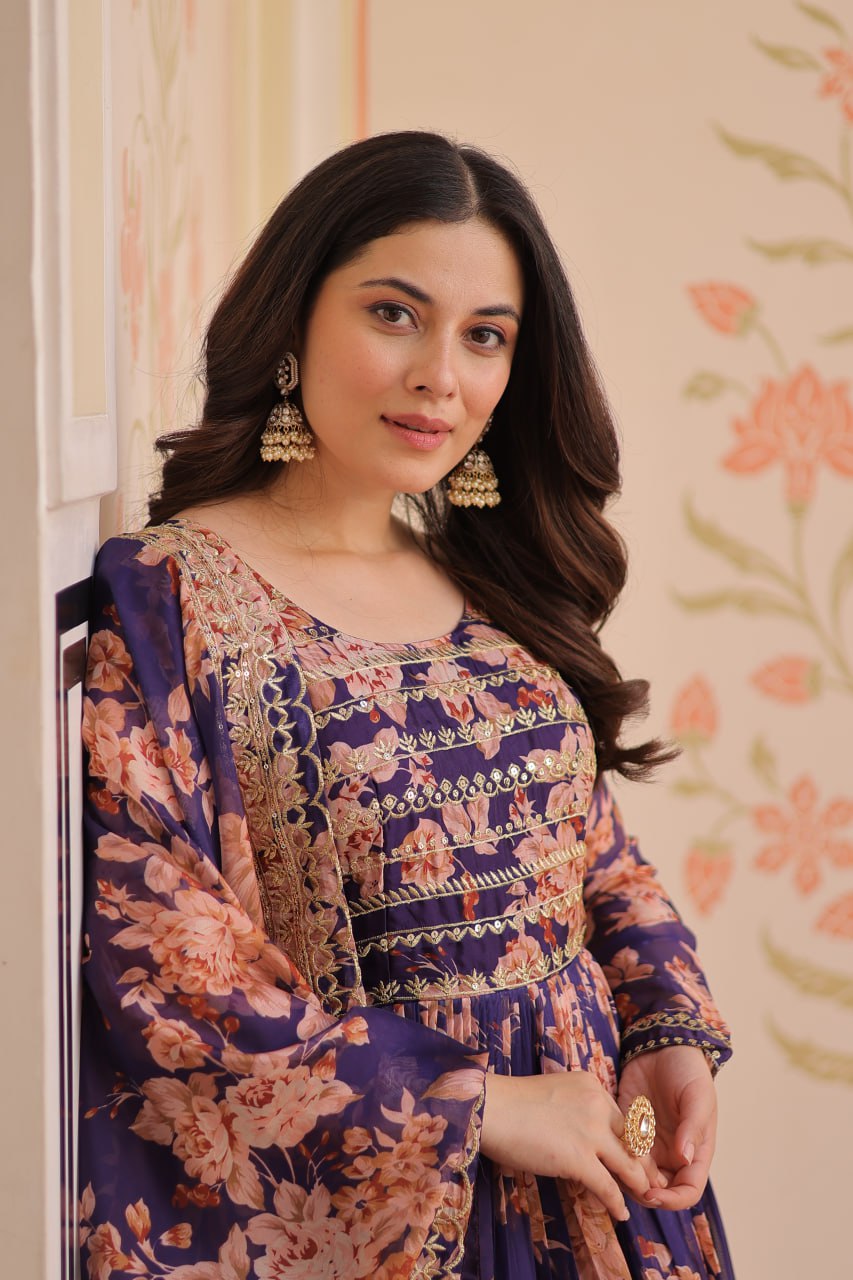 Purple Floral Digital Print Anarkali Gown with Dupatta | Kella Weave