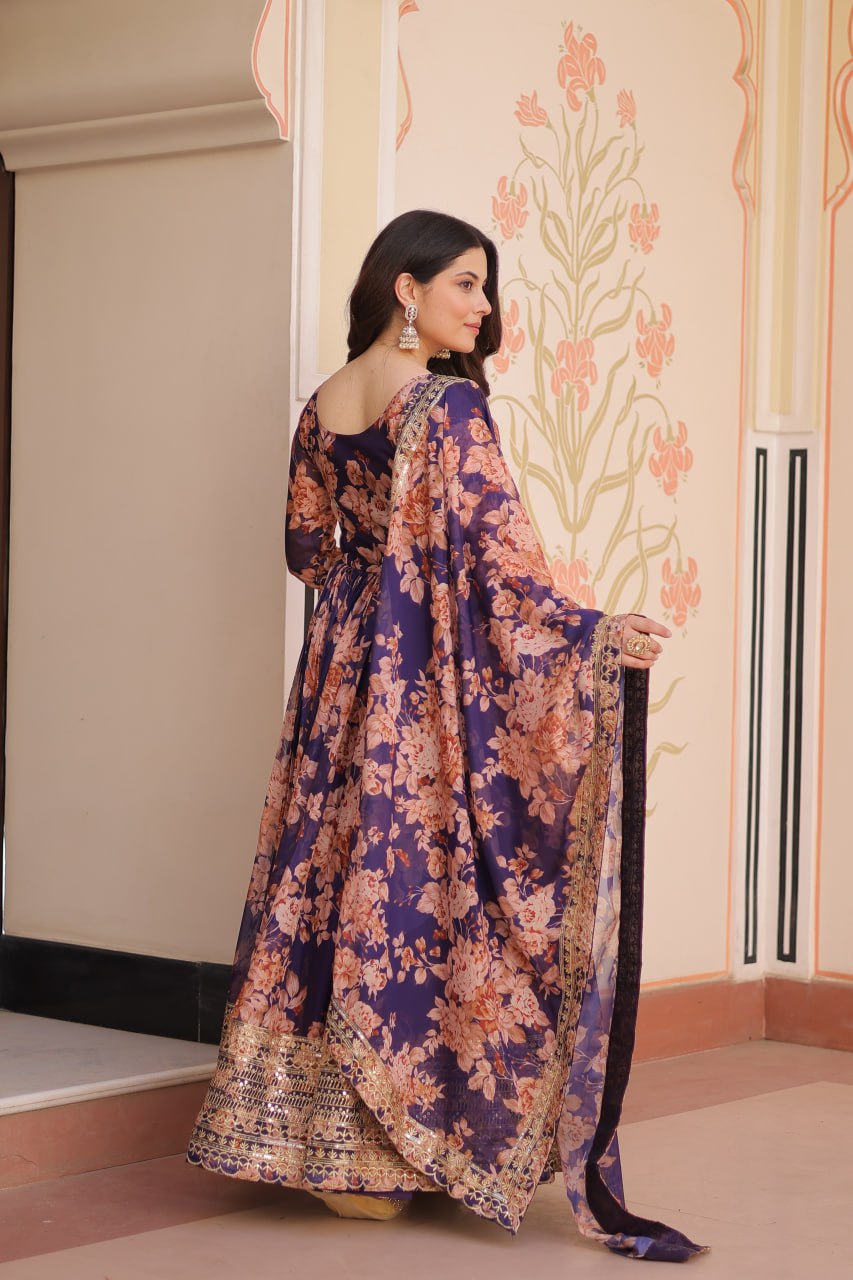 Purple Floral Digital Print Anarkali Gown with Dupatta | Kella Weave