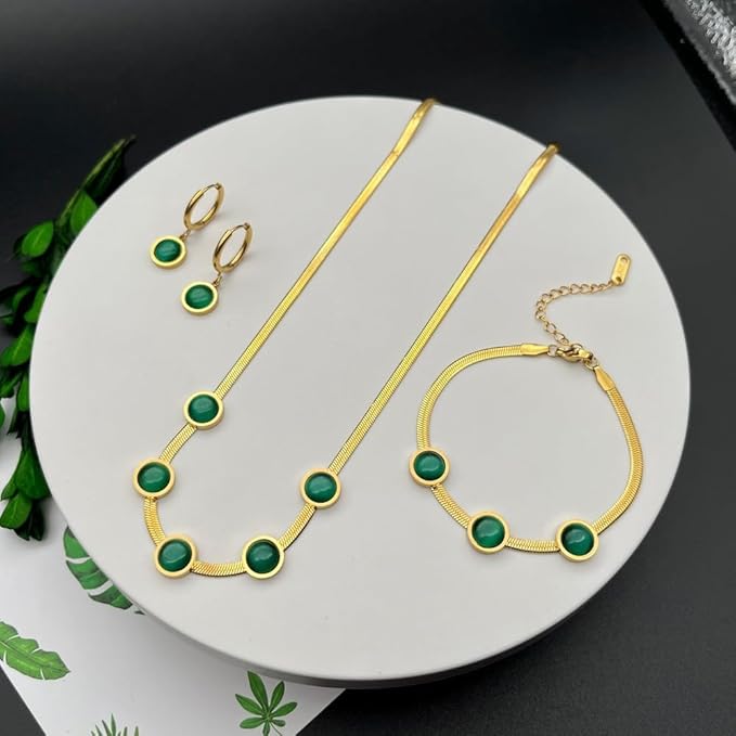 Oval Green Crystal Pendant Necklace Set With Bracelet