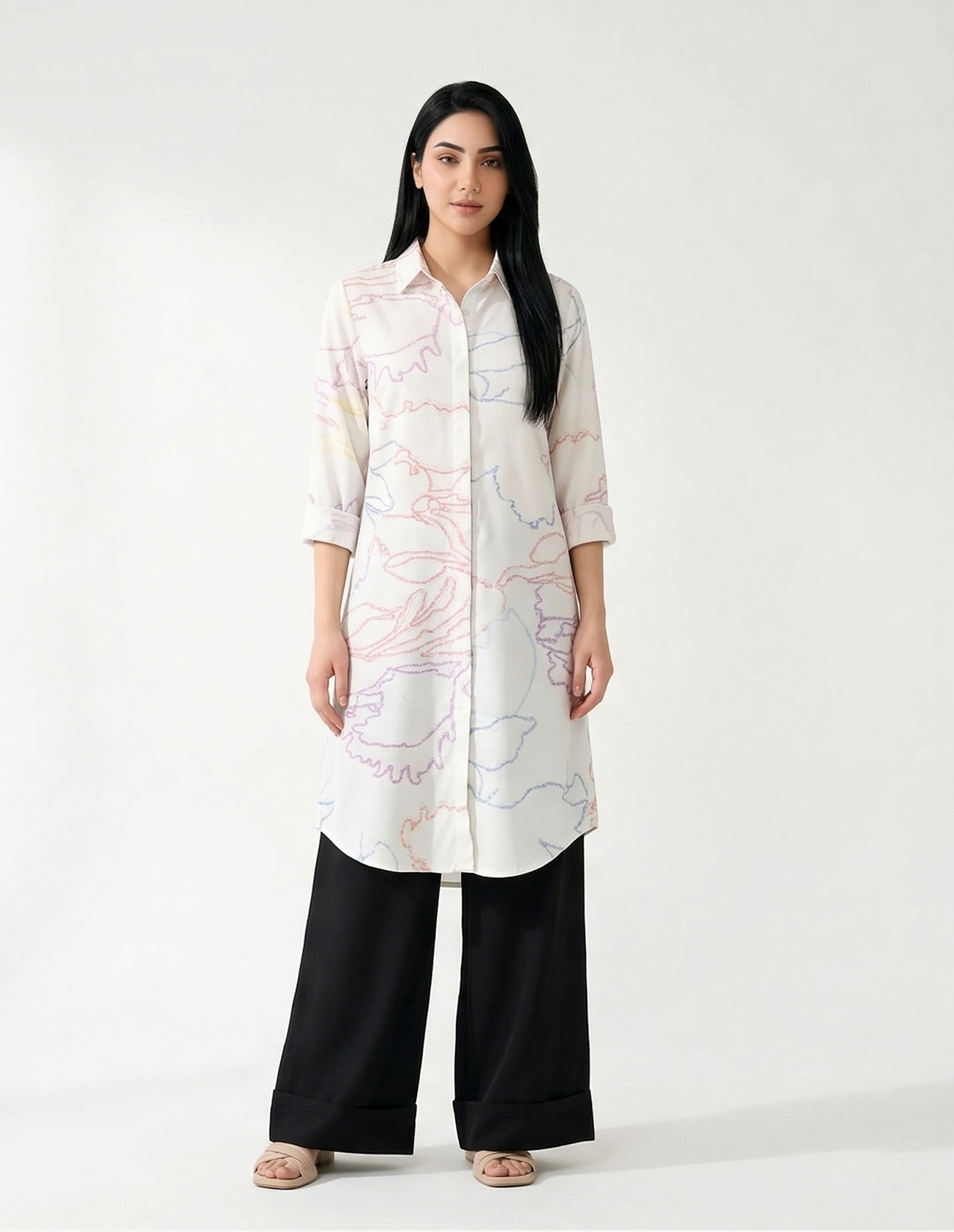 White Abstract Rayon Kurti with Black Palazzo Set | Kella Weave