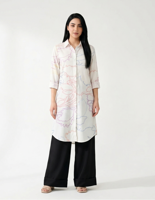 White Abstract Rayon Kurti with Black Palazzo Set | Kella Weave