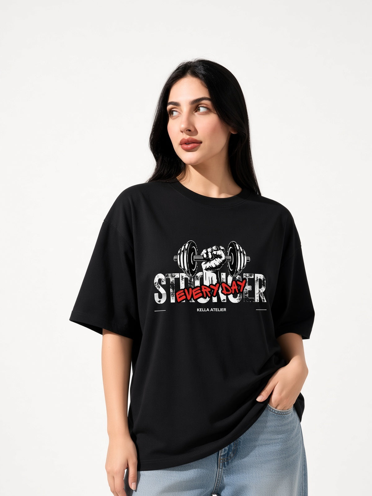 Stronger Everyday Dark Oversized Tee - Kella Atelier | 220 GSM Premium Cotton